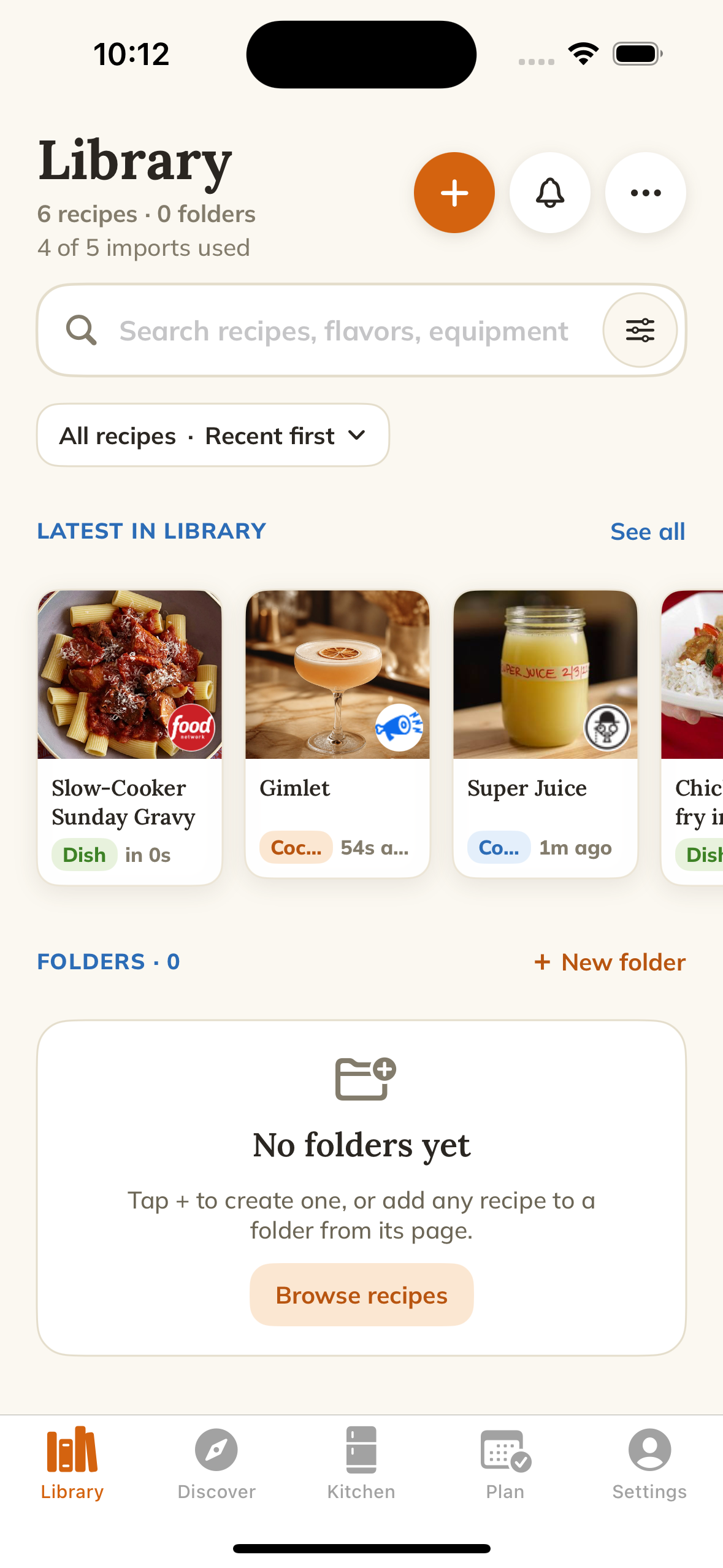 Spurtle recipe library screen showing saved recipes in a grid with a search field.