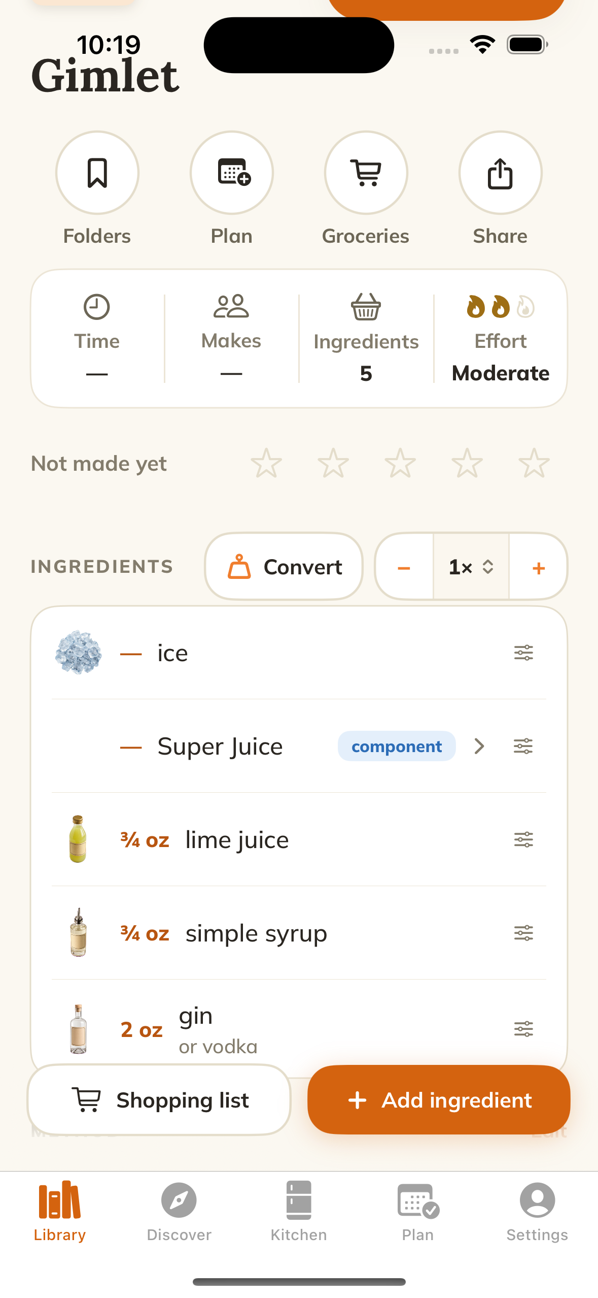 Spurtle recipe detail screen for a Gimlet, with the recipe title, scale and serving controls, and the ingredient list.